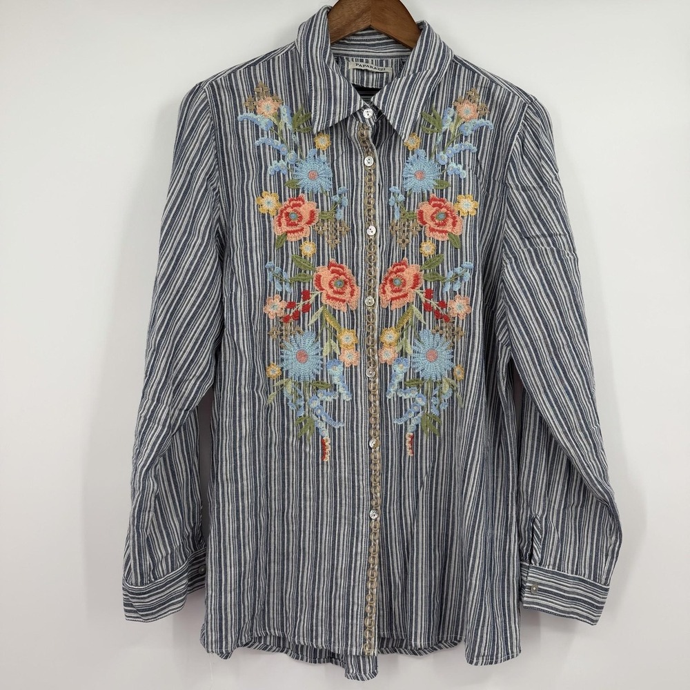 PAPARAZZI Tunic Top Womens Large Blue Striped Collared Button Embroidered Floral